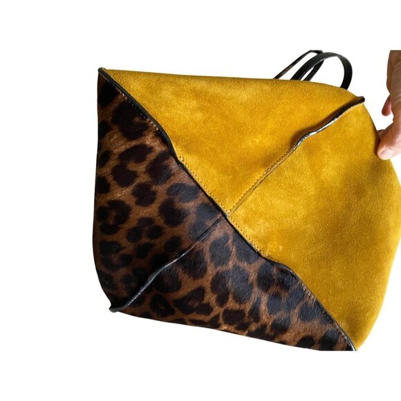 Jimmy Choo Leopard Twist Tote Suede Leather Trim Calf Hair Mustard Yellow Italy - Picture 5 of 16